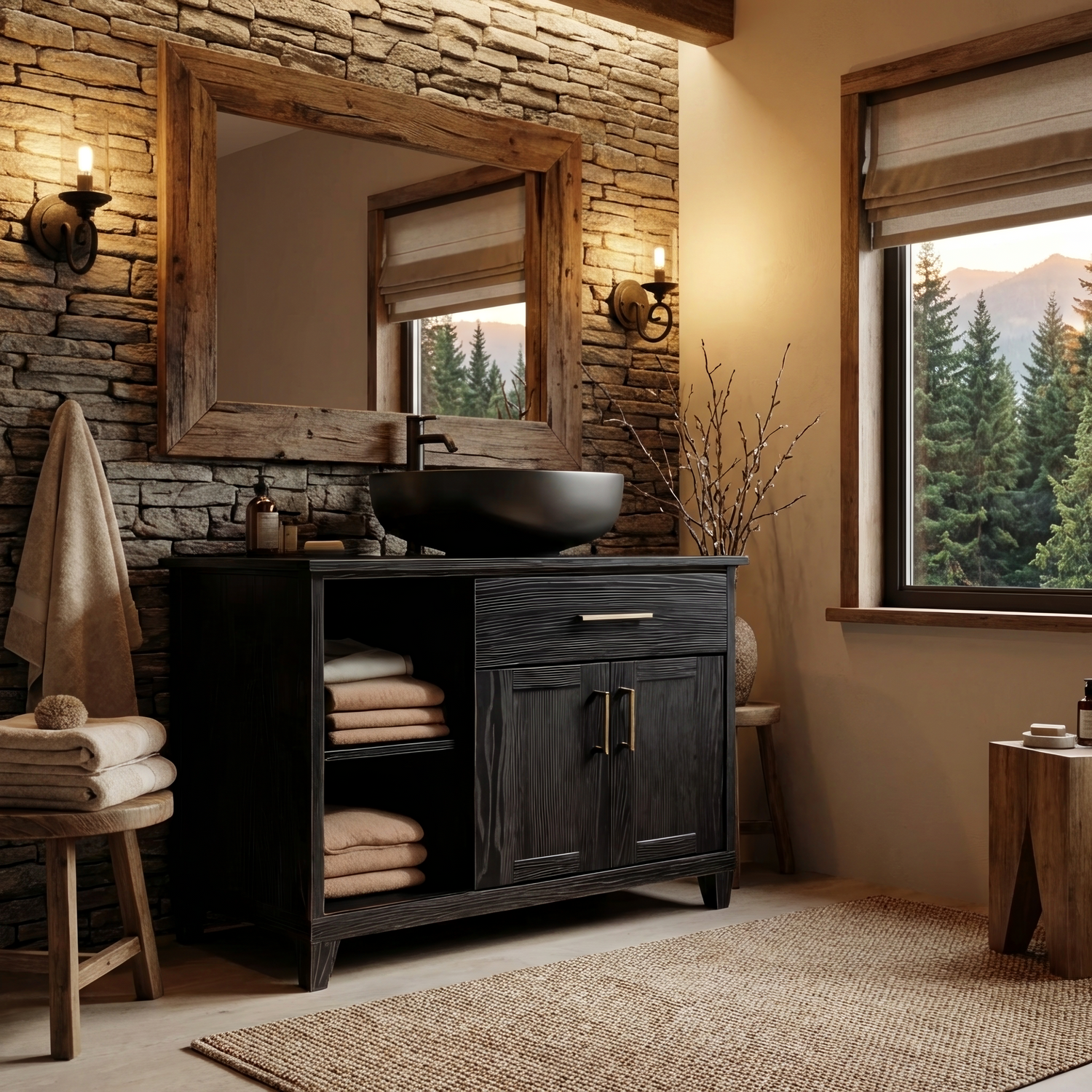 Modern Black Bathroom Vanity Open Shelf Storage For Bathroom