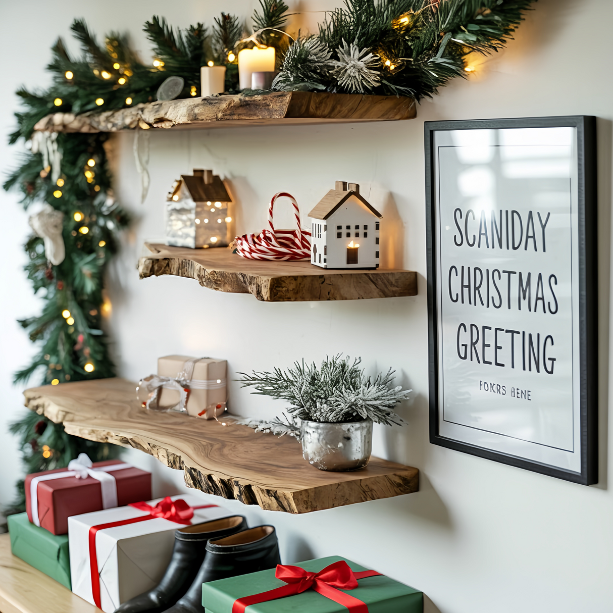 Mid Century Wooden Floating Shelf For Christmas Living Room Decor