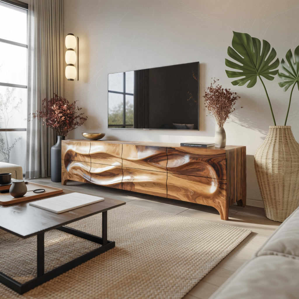 Sculpted Wave TV Cabinet With Carved Front For Living Room And Entertainment Center