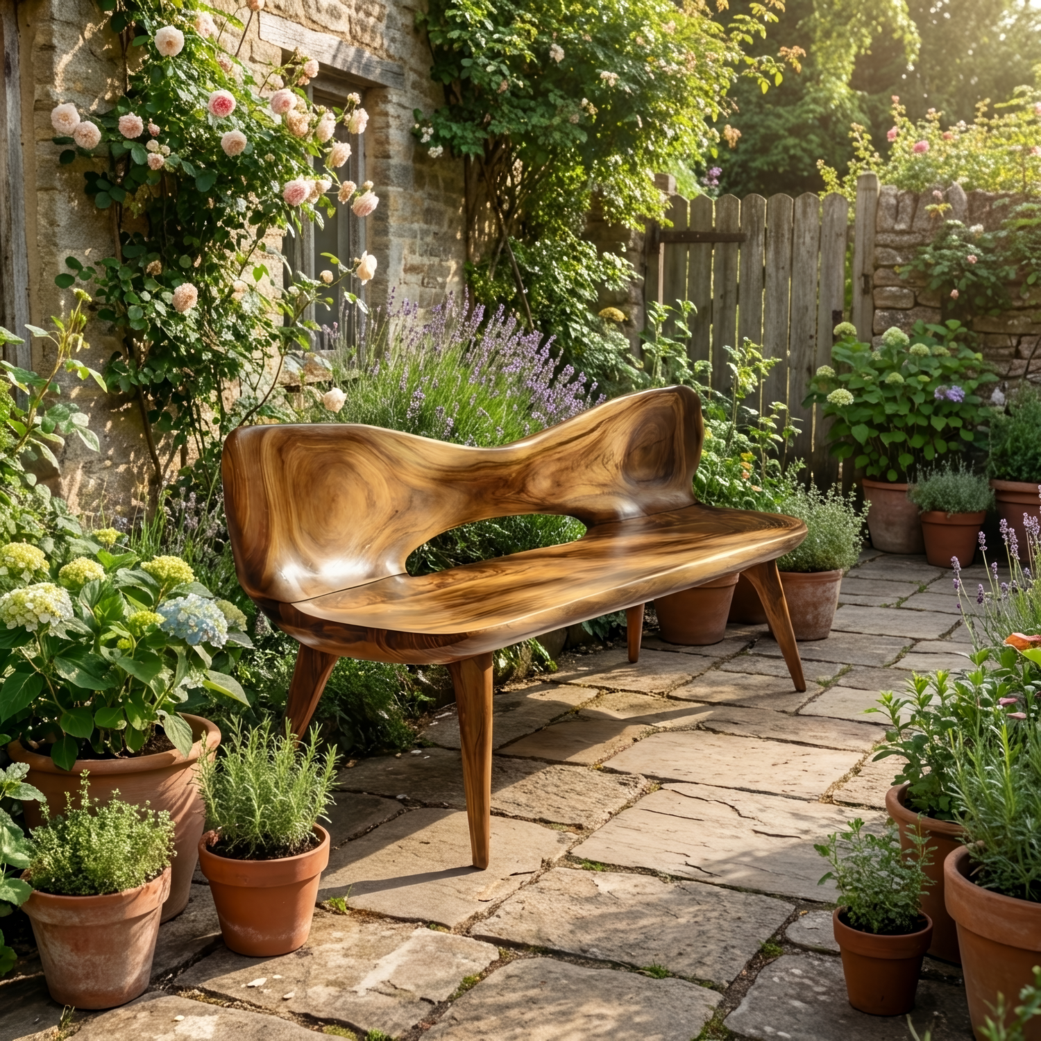 Mid Century Artistic Wooden Bench For Patio Setup