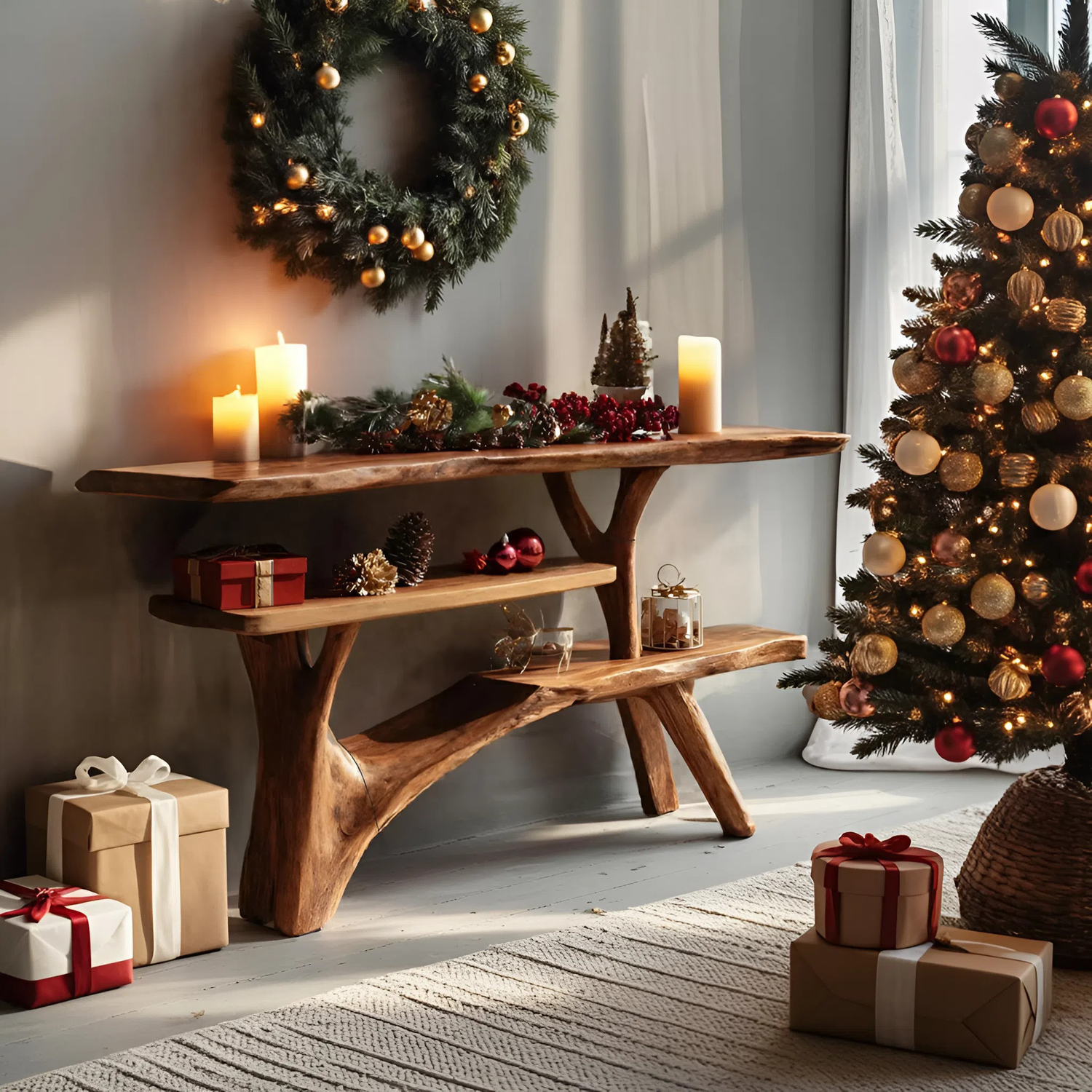 Mid Century Solid Wood Console Table For Entryway Design Winter Christmas