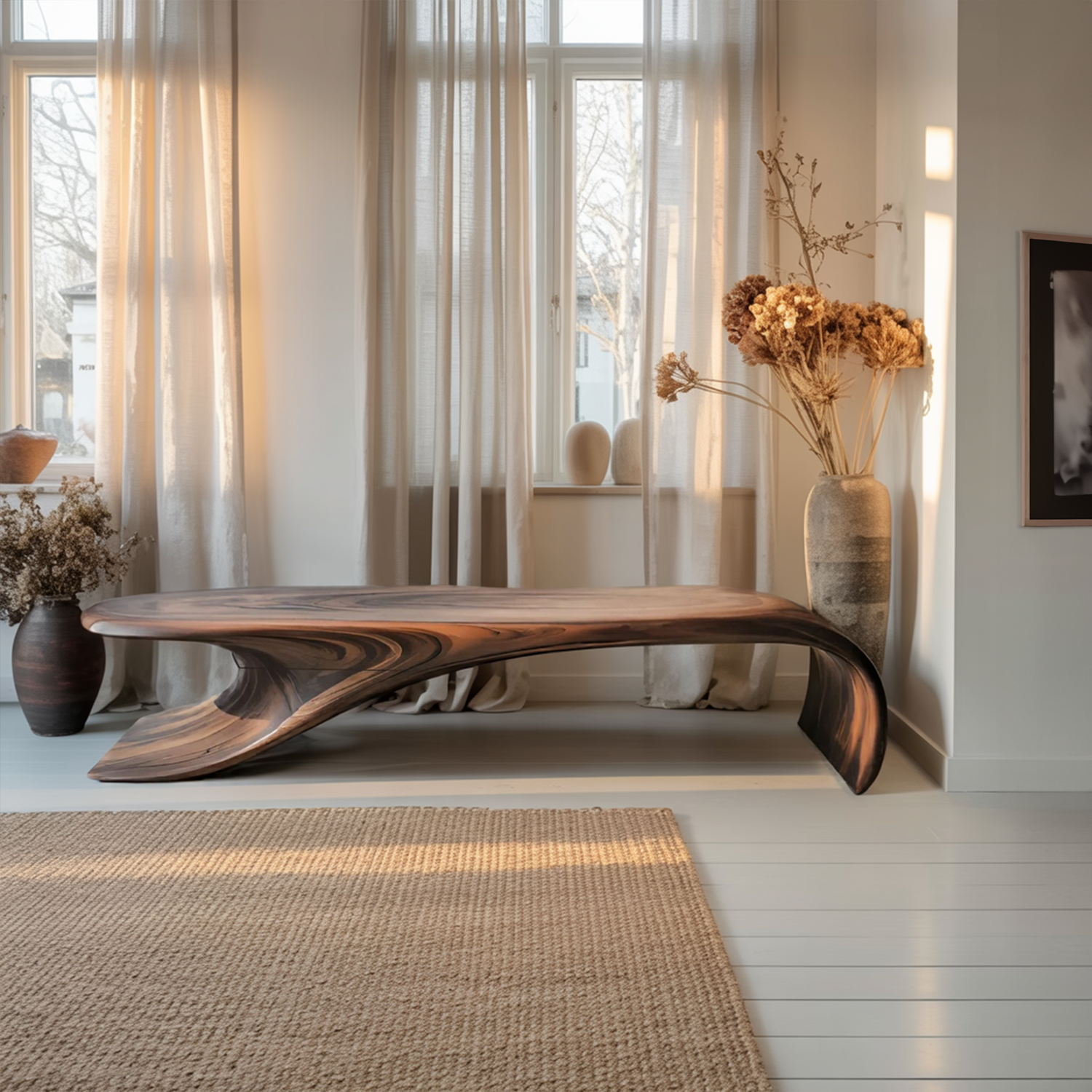 Modern Sculptural Bench With Flowing Curves For Living Room