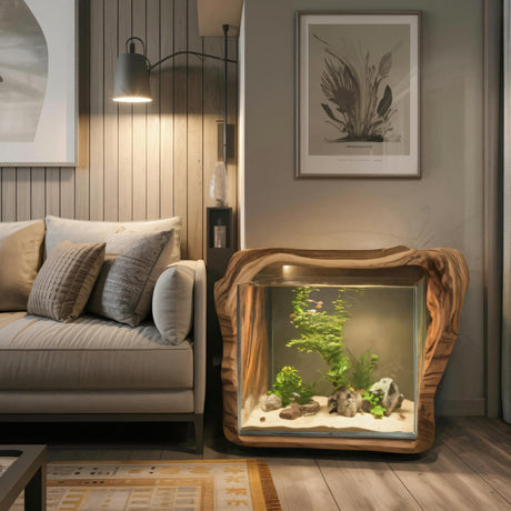 Rustic Live Edge Aquarium Stand With Glass Tank For Bedroom And Living Room