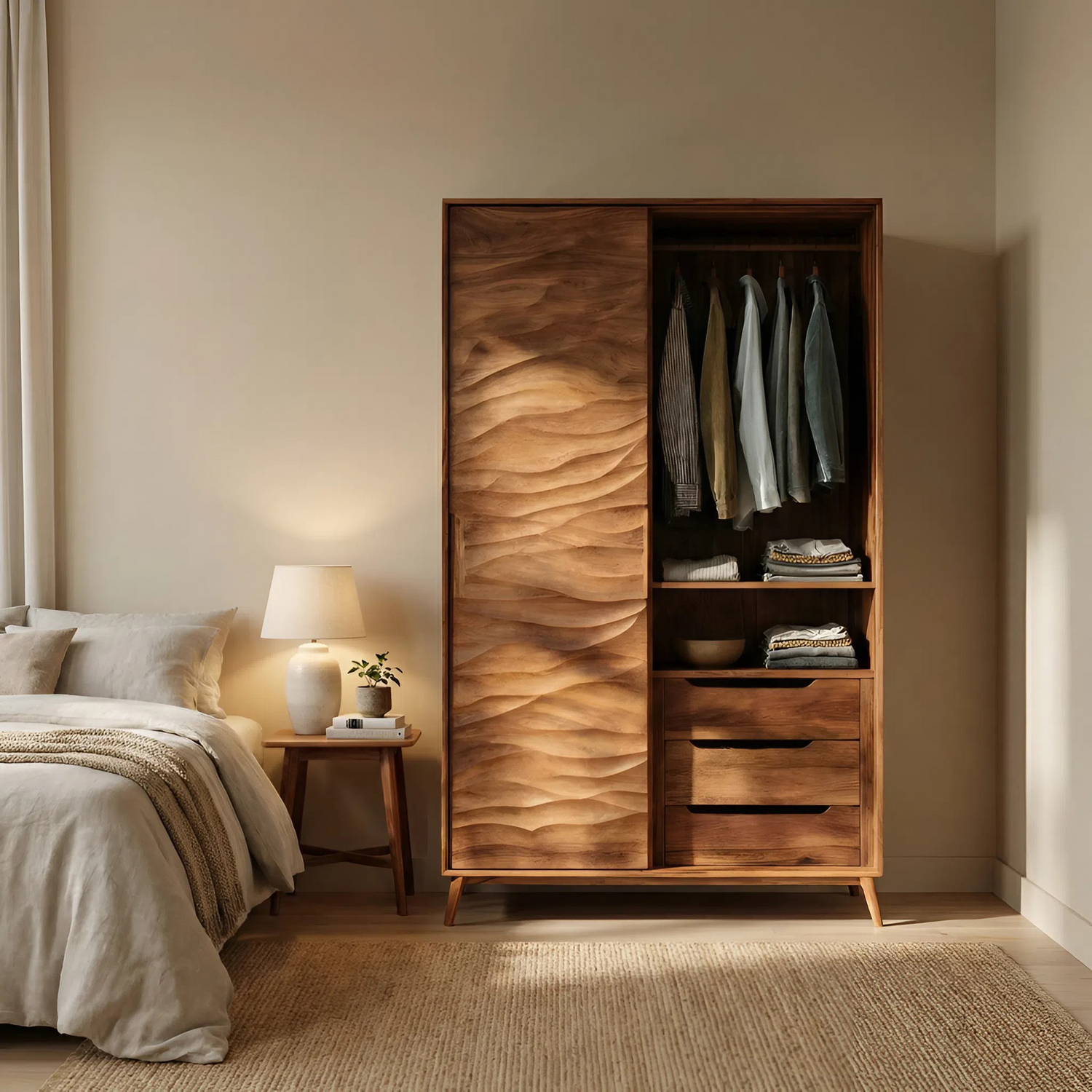 Organic Sculptural Wardrobe With Wave Door For Bedroom Interior