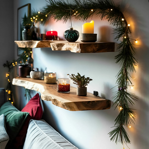 Mid Century Wooden Floating Shelf For Cozy Christmas Bedroom Setup