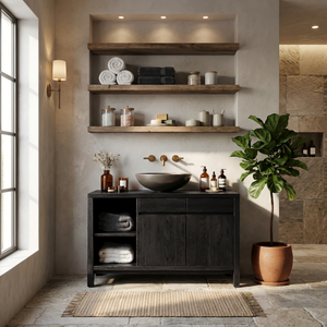 Handcrafted Black Bathroom Vanity With Open Shelves For Bathroom