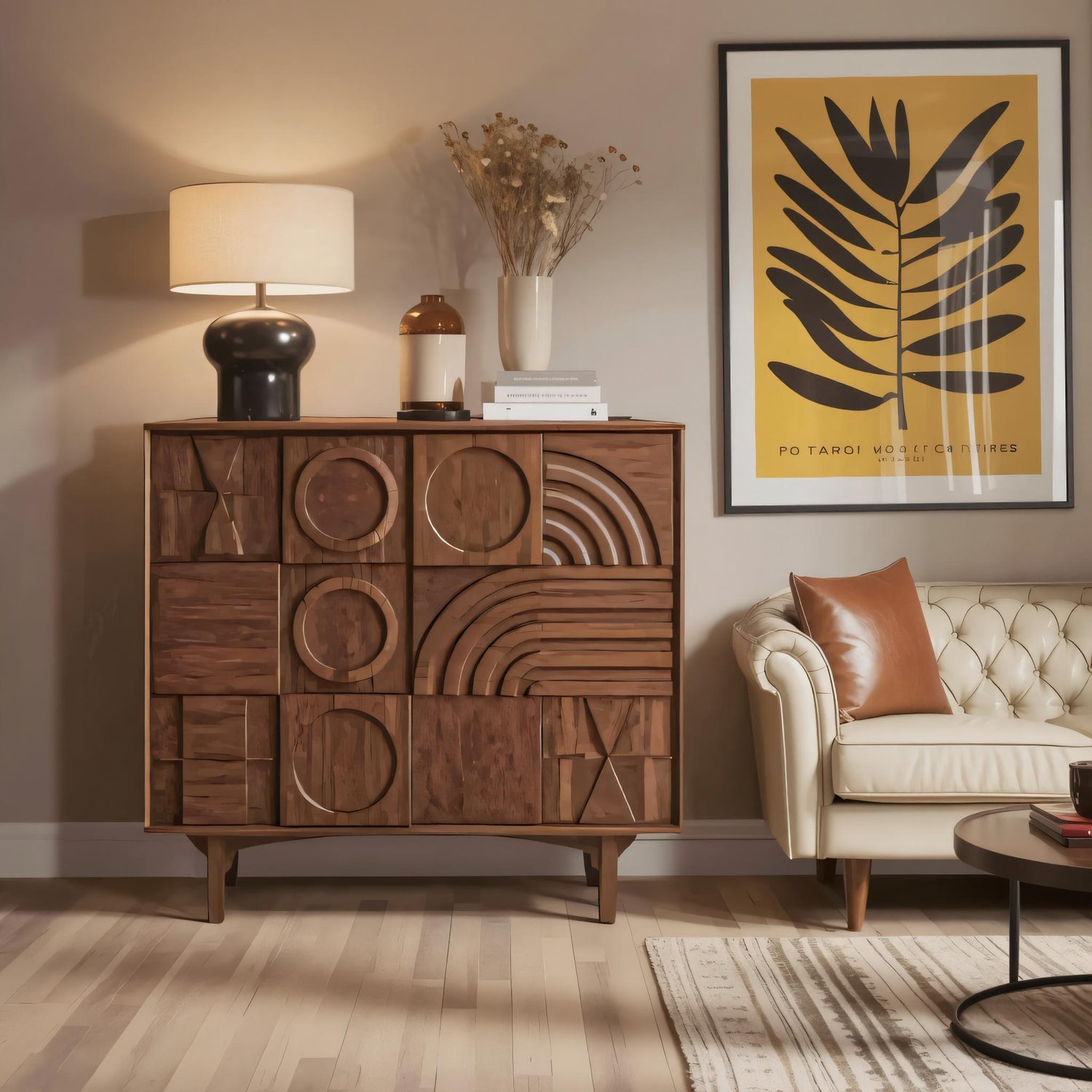 Geometric Carved Cabinet With Sculpted Doors For Entryway And Living Room