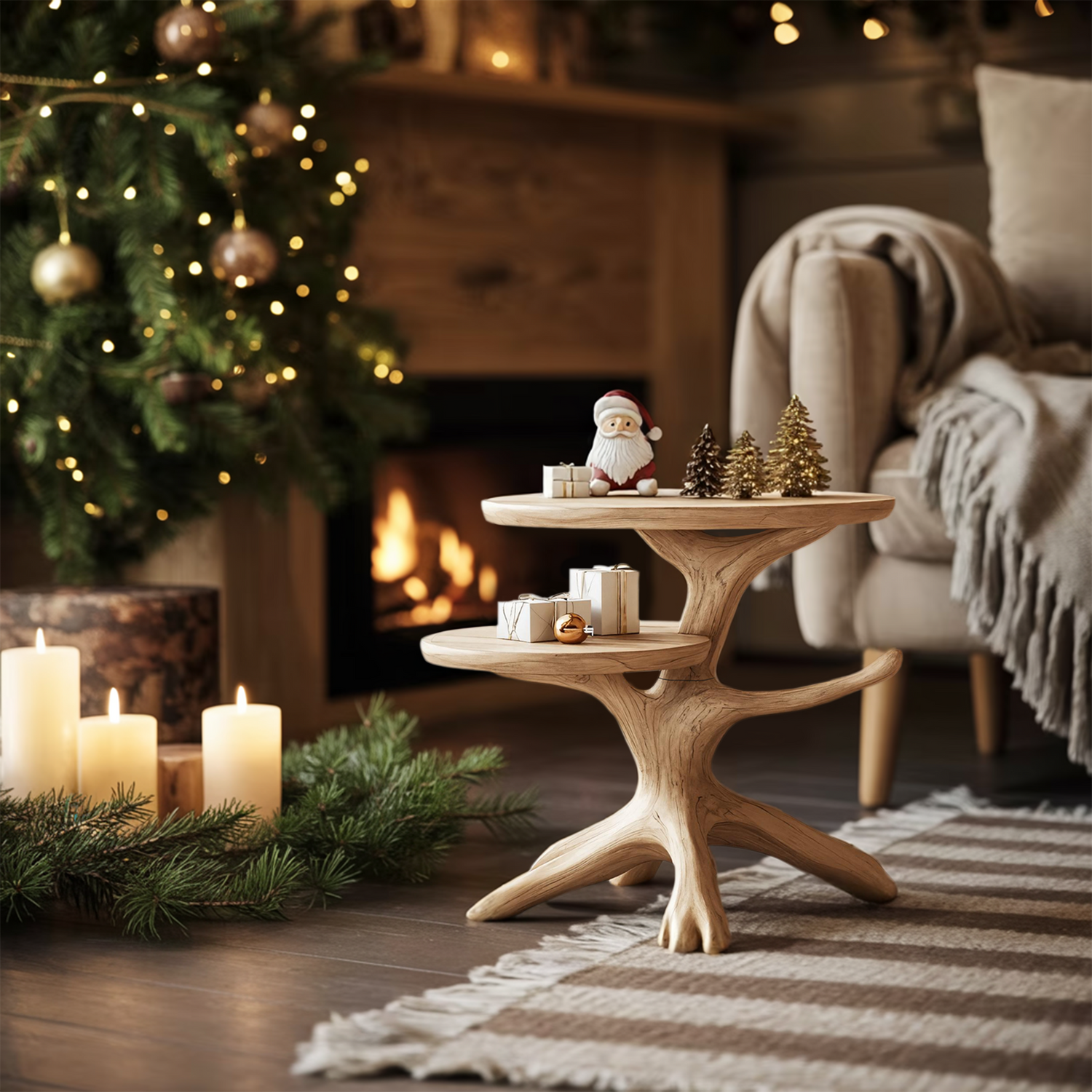 Handcrafted Round End Table For Entryway Design Xmas Accent