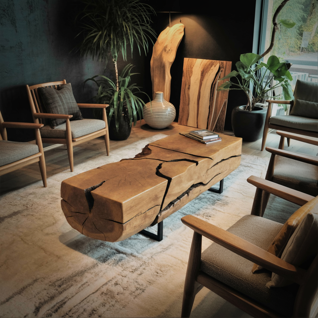 Organic Coffee Table With Charred Cracks For Living Room