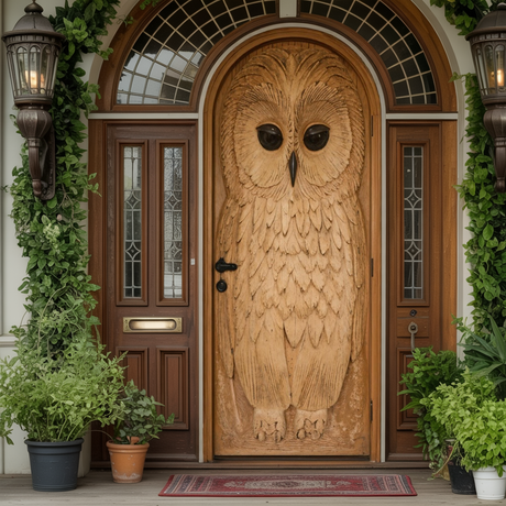 Whimsical Owl Carved Entry Door For Home Garden