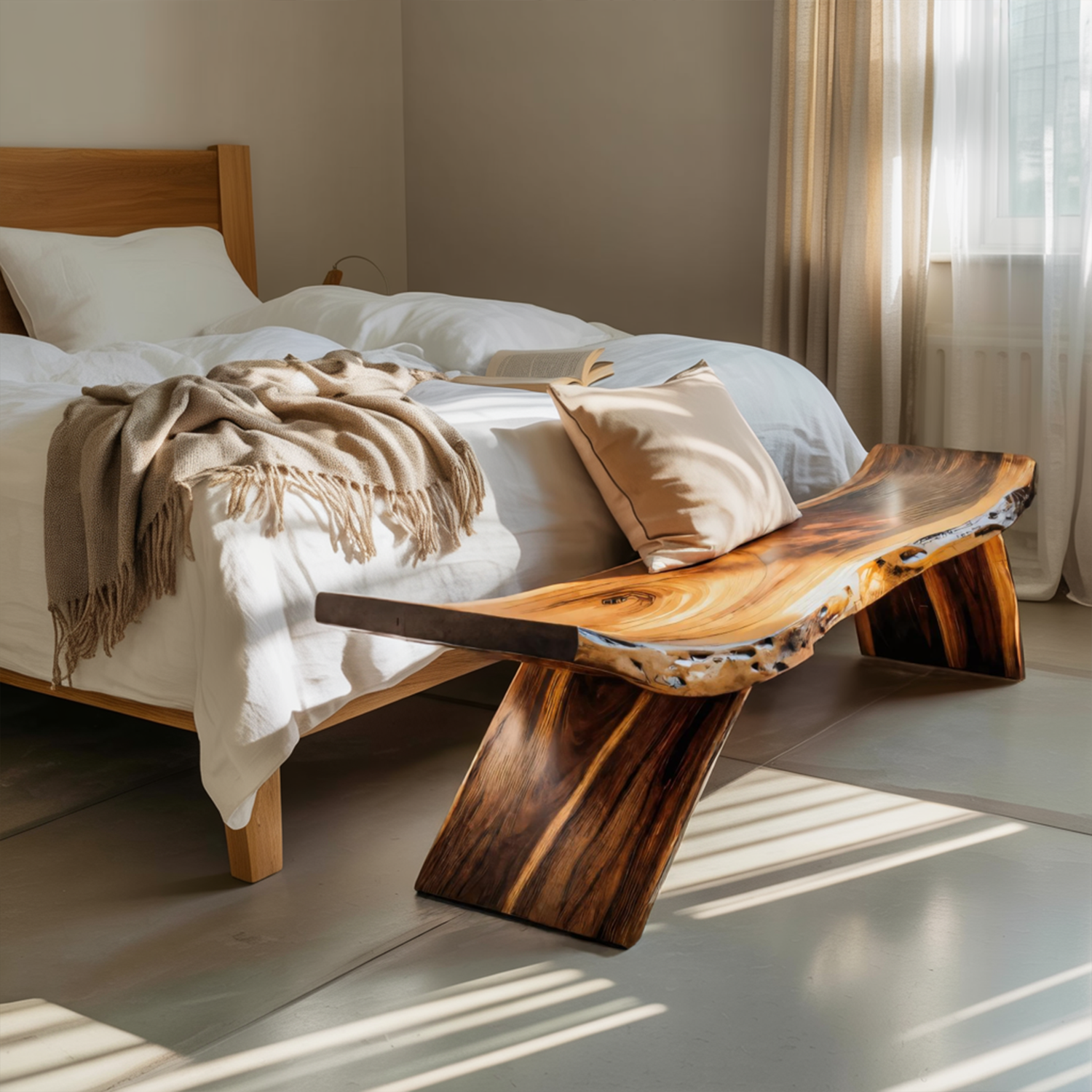 Rustic Live Edge Bench With Organic Curves For Entryway