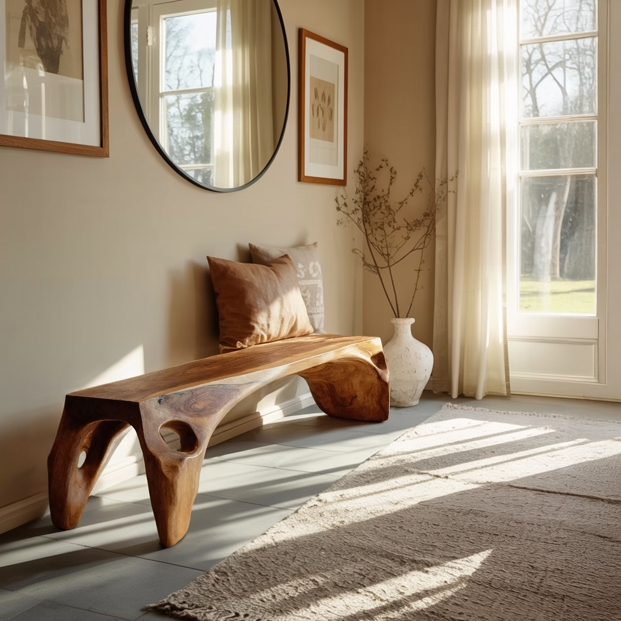 Organic Modern Sculptural Bench For Entryway Or Living Room