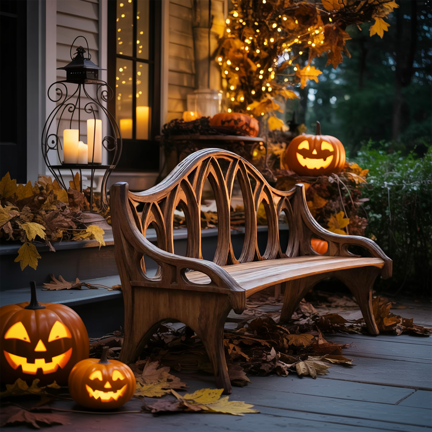 Farmhouse Solid Wood Halloween Bench For Outdoor Porch Design