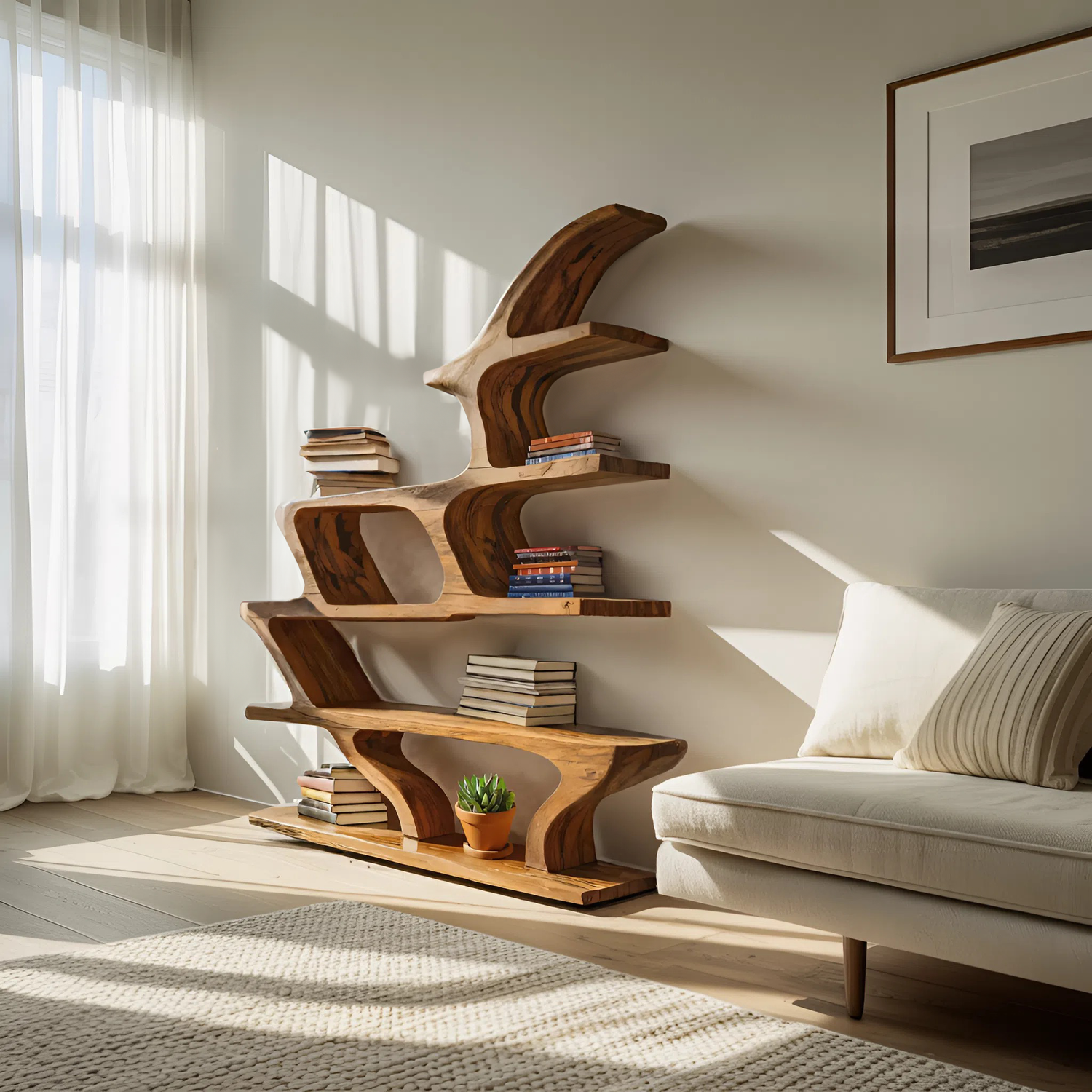 Modern Sculptural Bookshelf With Fluid Shelving For Living Room
