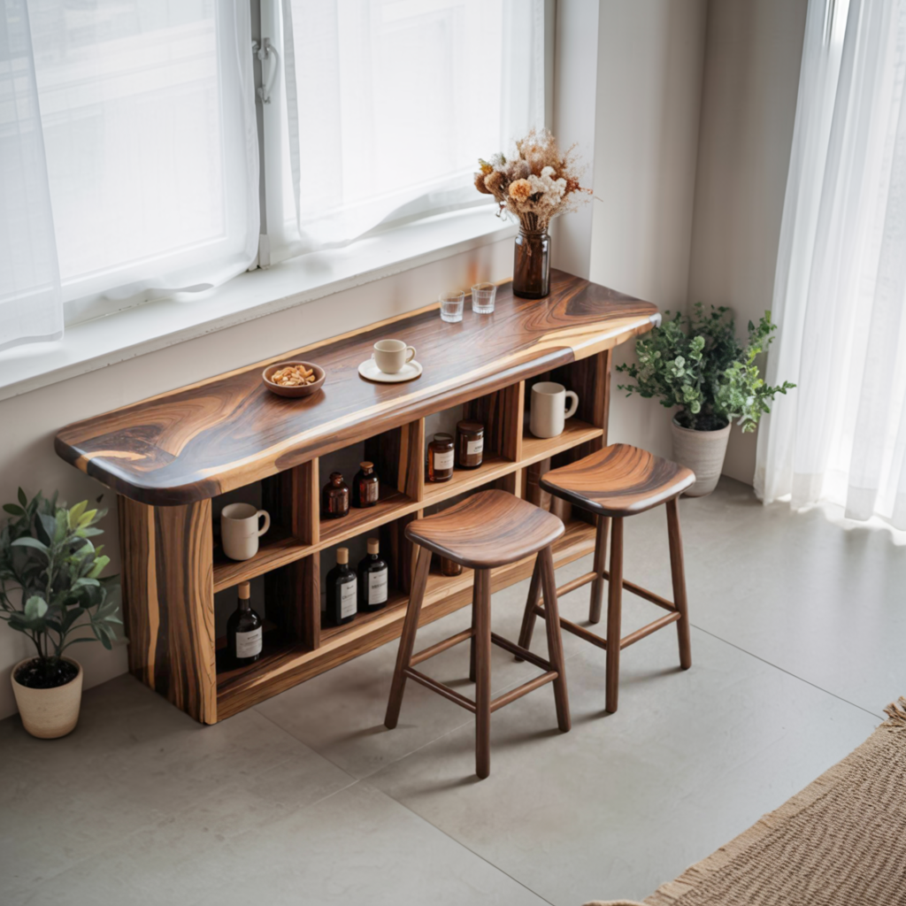 Wooden Bar Table With Storage For Compact Kitchen Or Coffee Bar