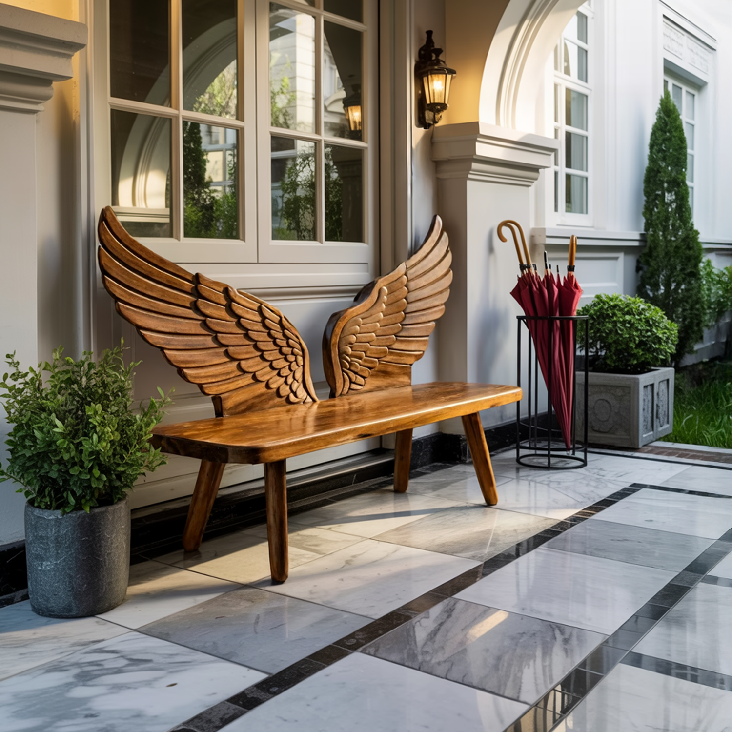 Modern Wood Bench With Wing Backrest For Exterior Seating