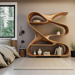 Modern Sculptural Wooden Bookshelf For Living Room Or Office Display