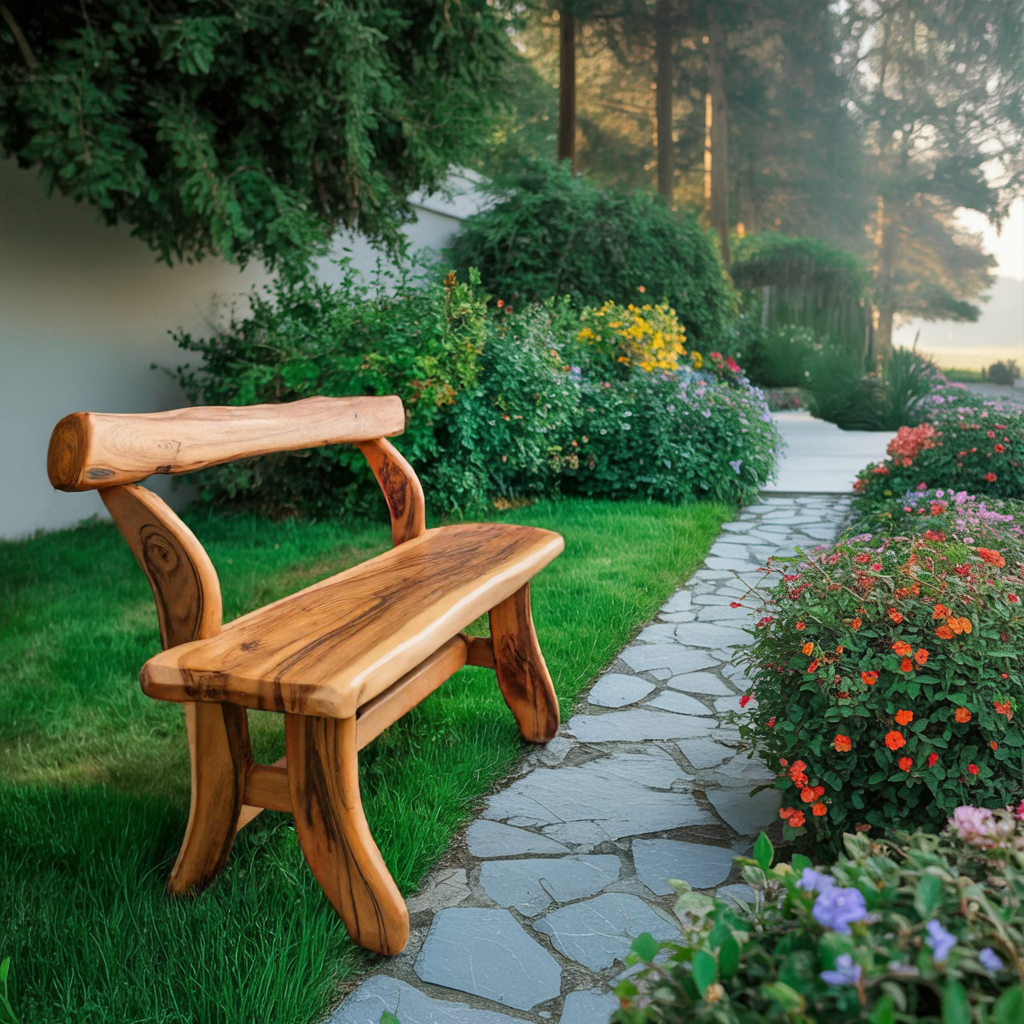 Rustic Garden Bench With Curved Seat For Patio Pathway And Front Porch