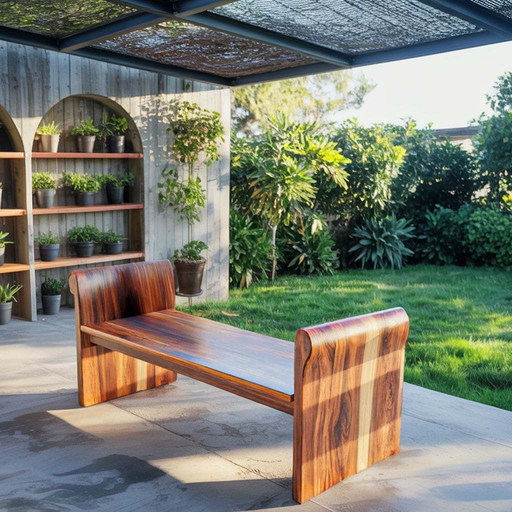 Contemporary Wood Bench With Rounded Armrests For Porch Or Garden