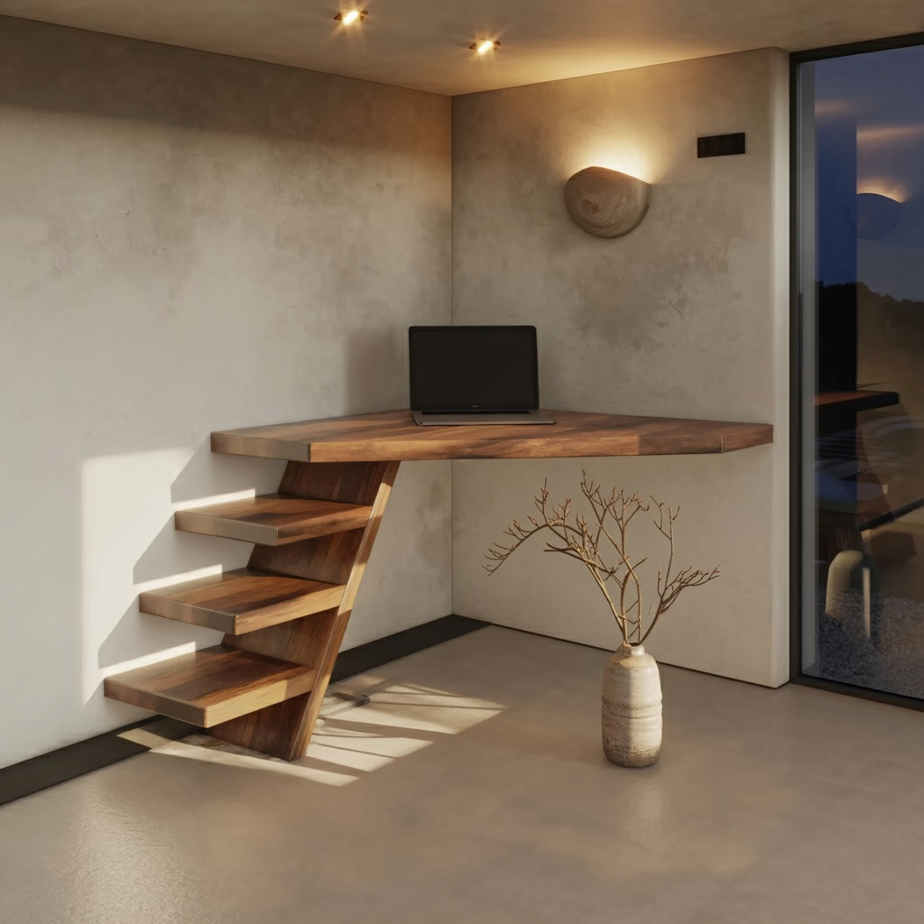 Minimalist Floating Corner Desk With Shelves For Small Home Office Workspace