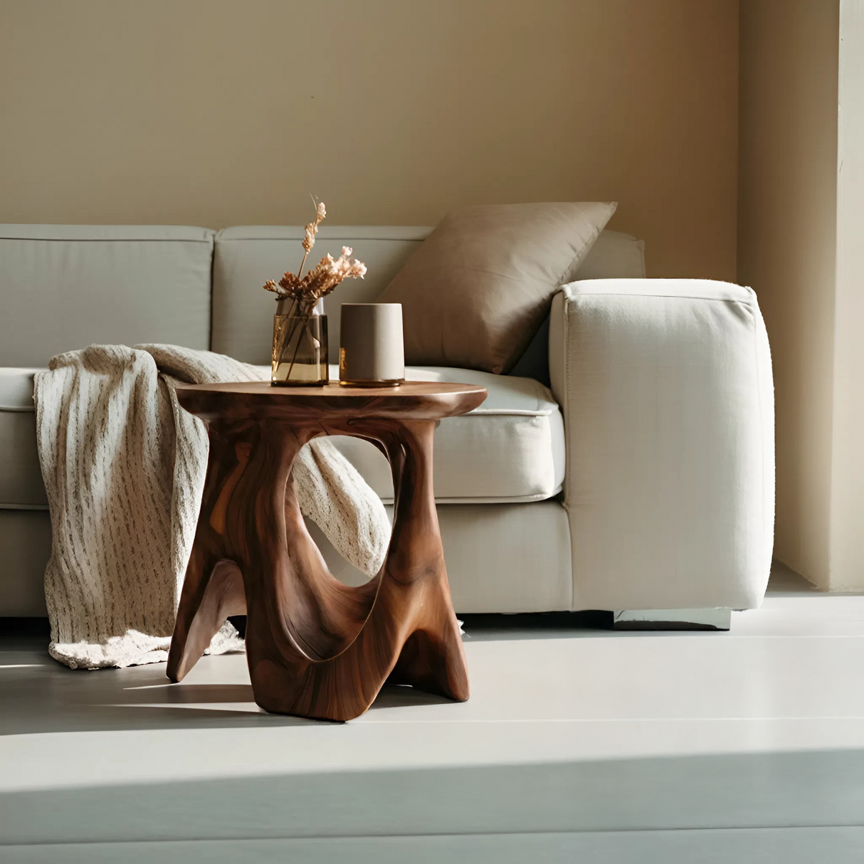 Modern Sculptural Carved Side Table For Living Room