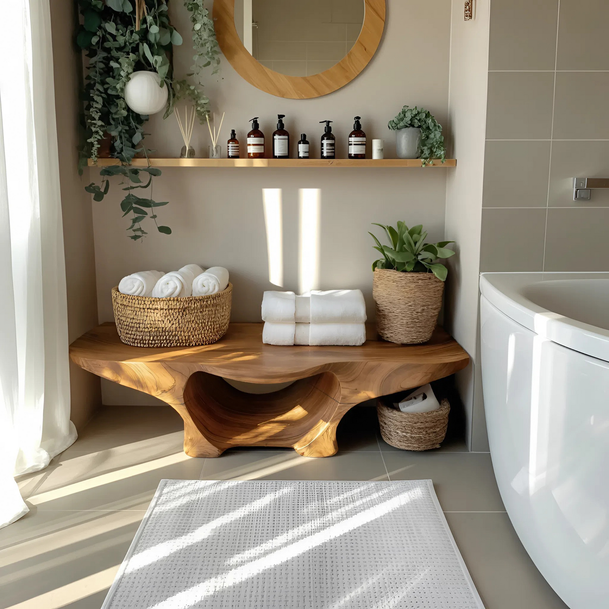 Organic Shower Bench With Curves And Storage Space For Bathroom