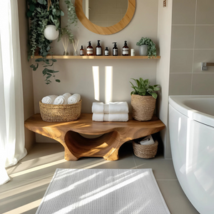 Organic Shower Bench With Curves And Storage Space For Bathroom