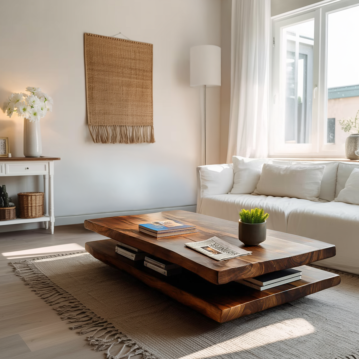 Elegant Wooden Coffee Table Two Layers For Living Room