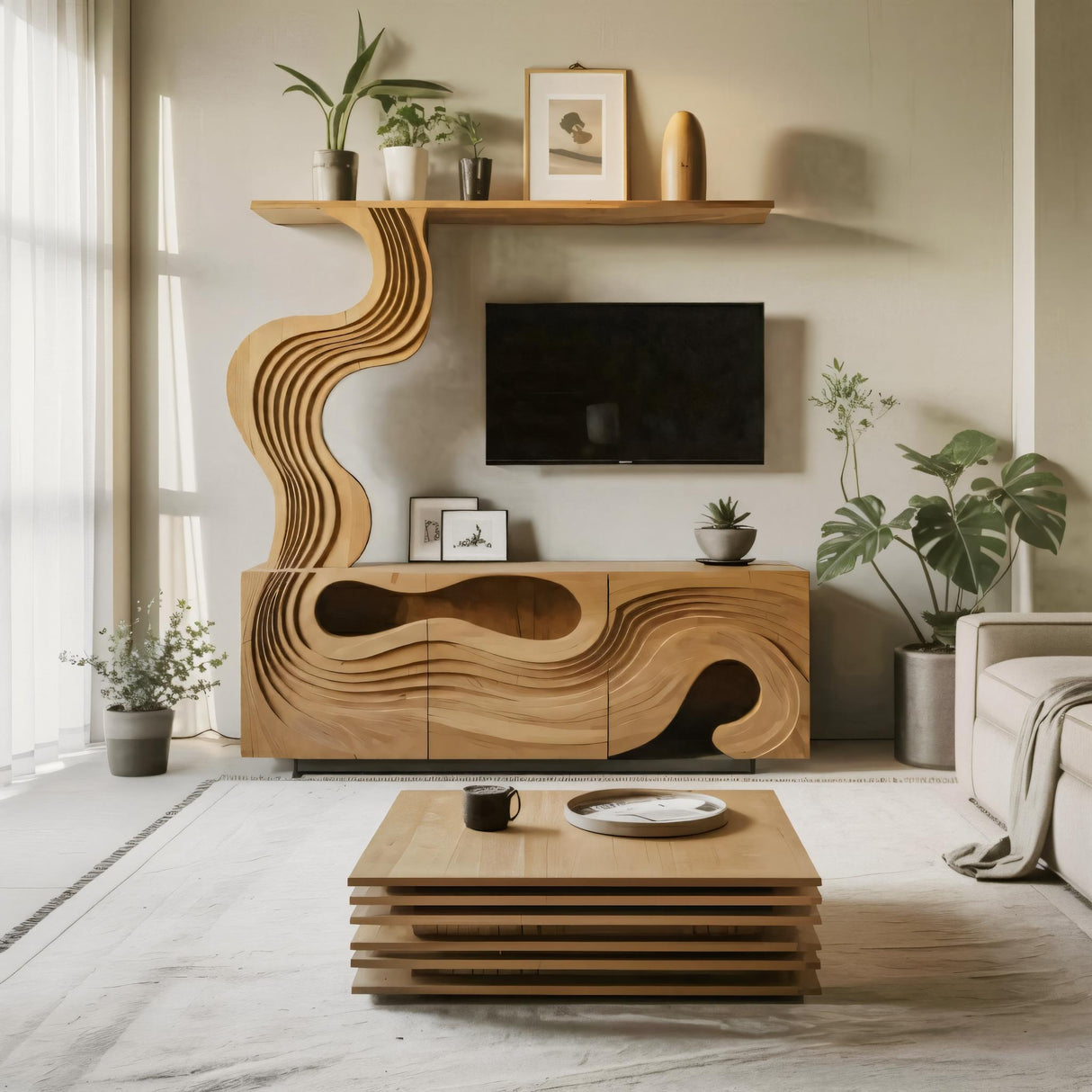 Sculptural TV Console With Wave Layers Entertainment Cabinet For Living Room And Media Wall