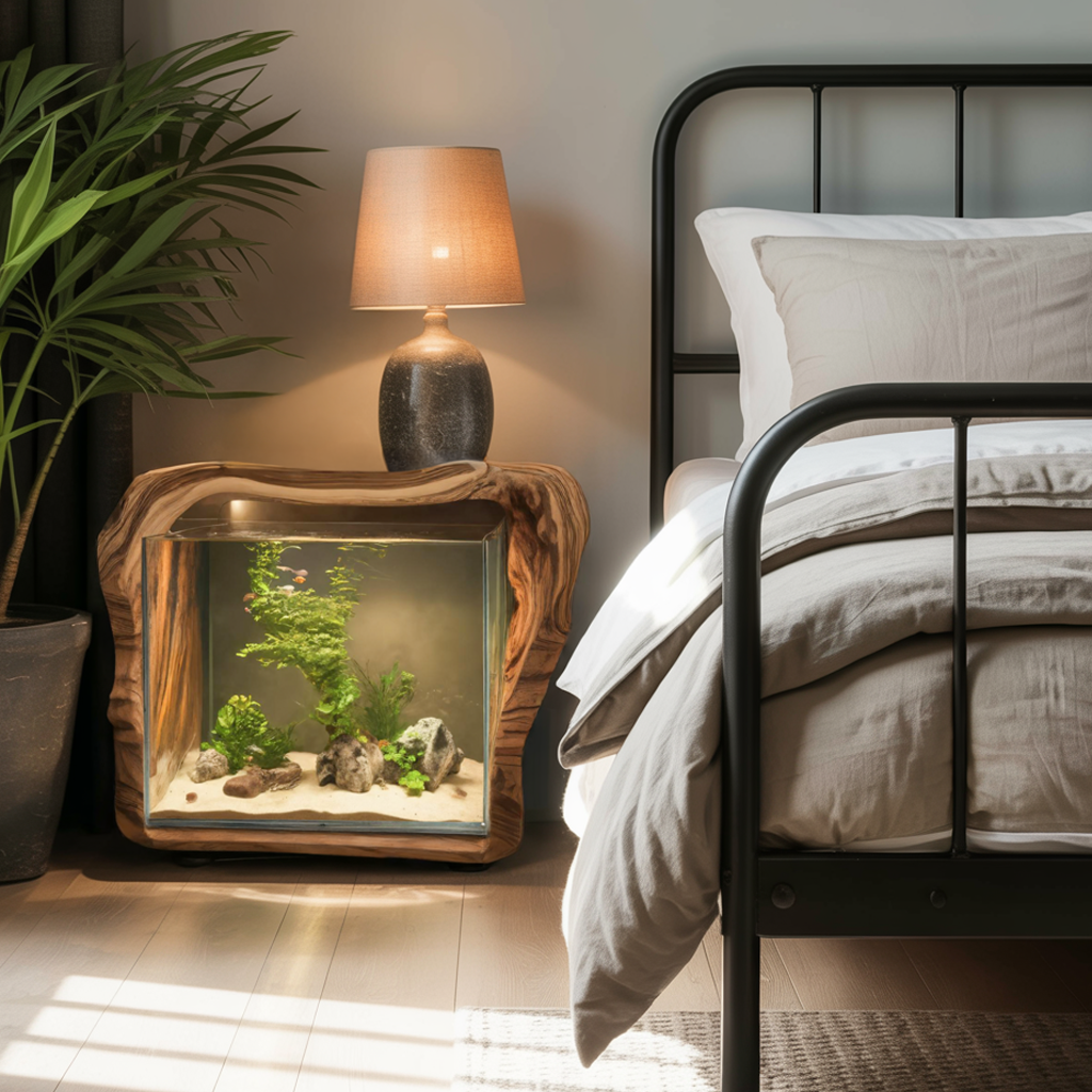 Rustic Live Edge Aquarium Stand With Glass Tank For Bedroom And Living Room