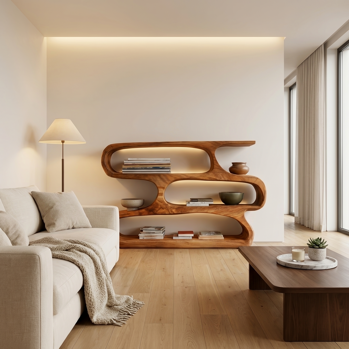 Modern Curved Bookcase For Minimalist Living Room Decor