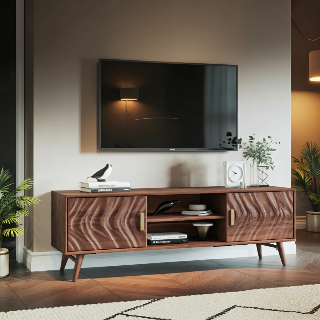 Mid Century TV Stand Wave Cabinet For Living Room And Media