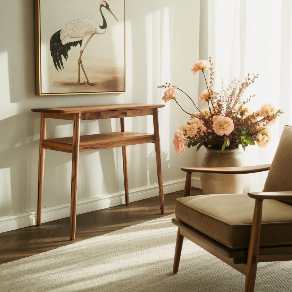 Modern Minimalist Wood Writing Desk With Drawer For Home Office Or Entryway