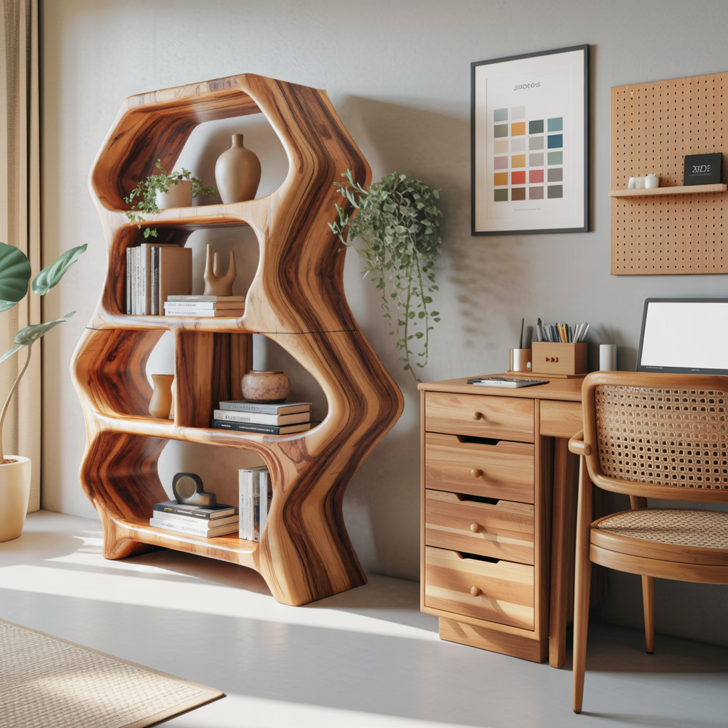 Sculptural Bookshelf With Organic Carved Display For Living Room And Office