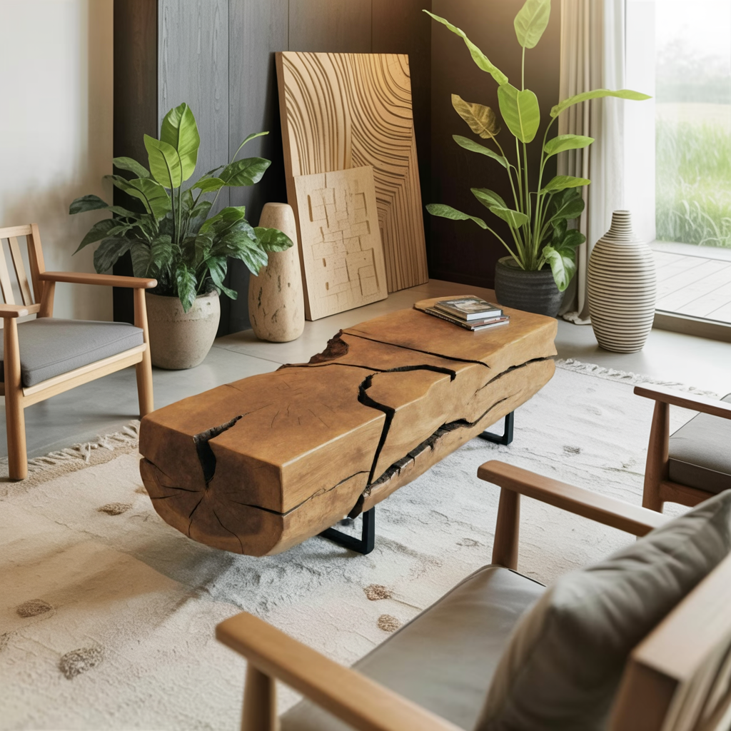 Organic Coffee Table With Charred Cracks For Living Room