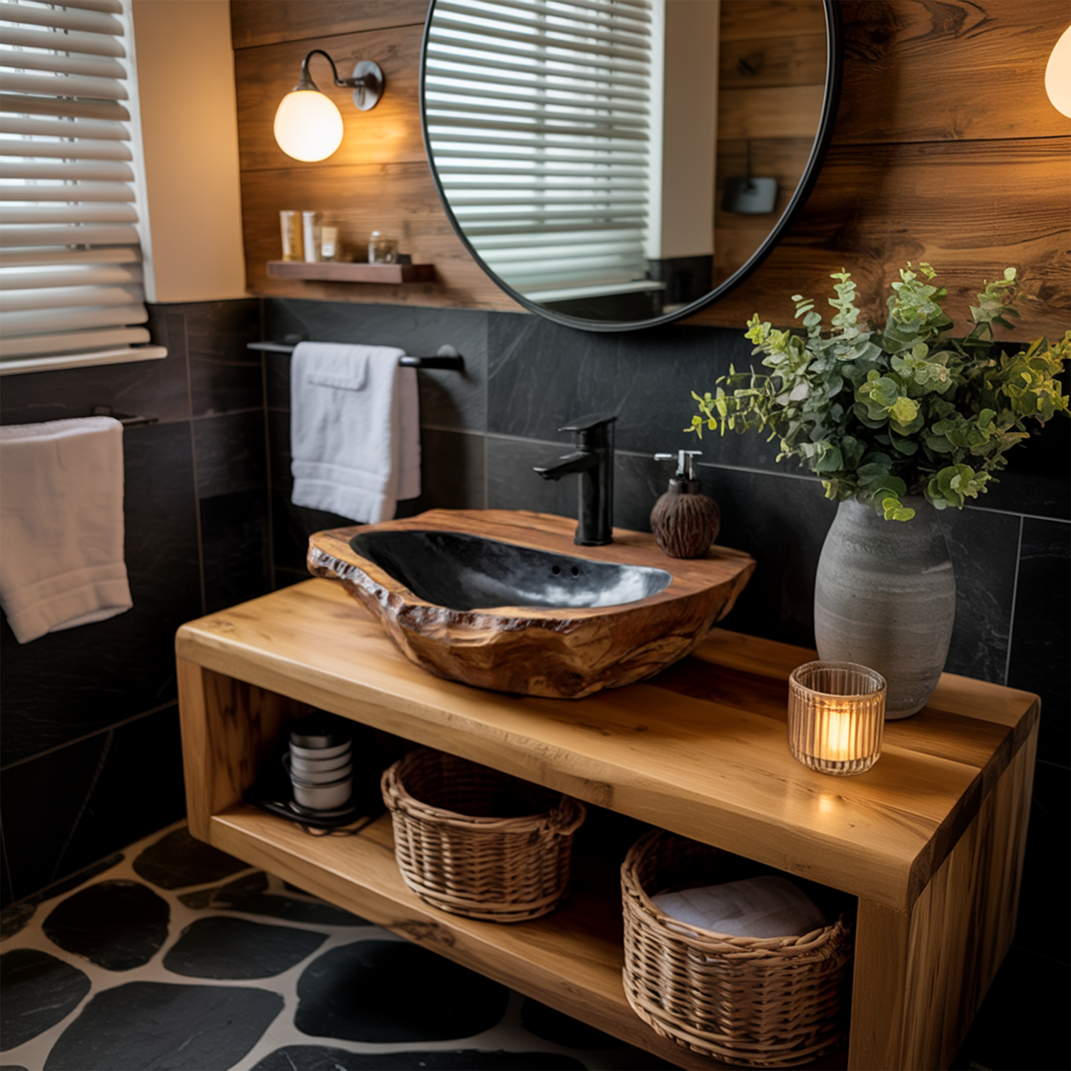 Mid Century Handcrafted Wood Wash Basin For Bathroom Decor