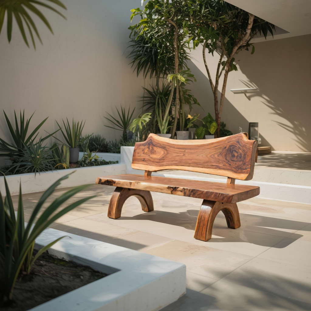 Rustic Live Edge Bench With Backrest For Patio Garden Courtyard