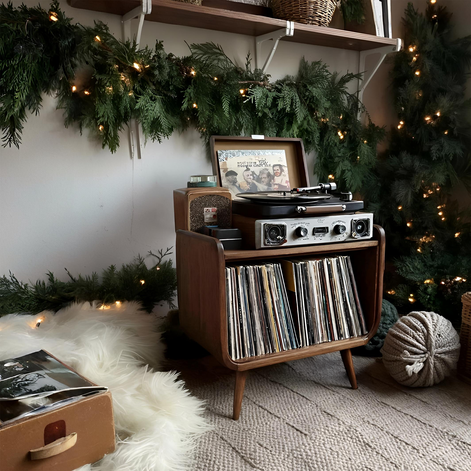 Farmhouse Solid Wood Record Stand For Cozy Christmas Decor