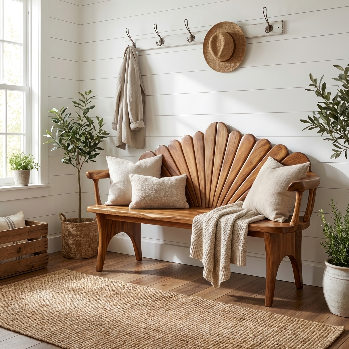 Natural Solid Wood Entryway Bench For Foyer Decor