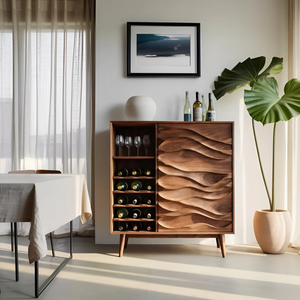 Sculptural Wine Cabinet With Wave Carved Doors For Kitchen