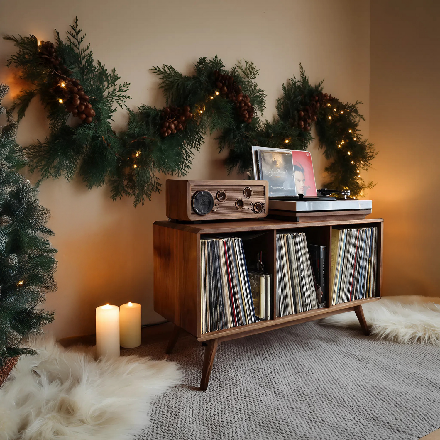 Mid Century Solid Wood Record Stand For Furniture Christmas