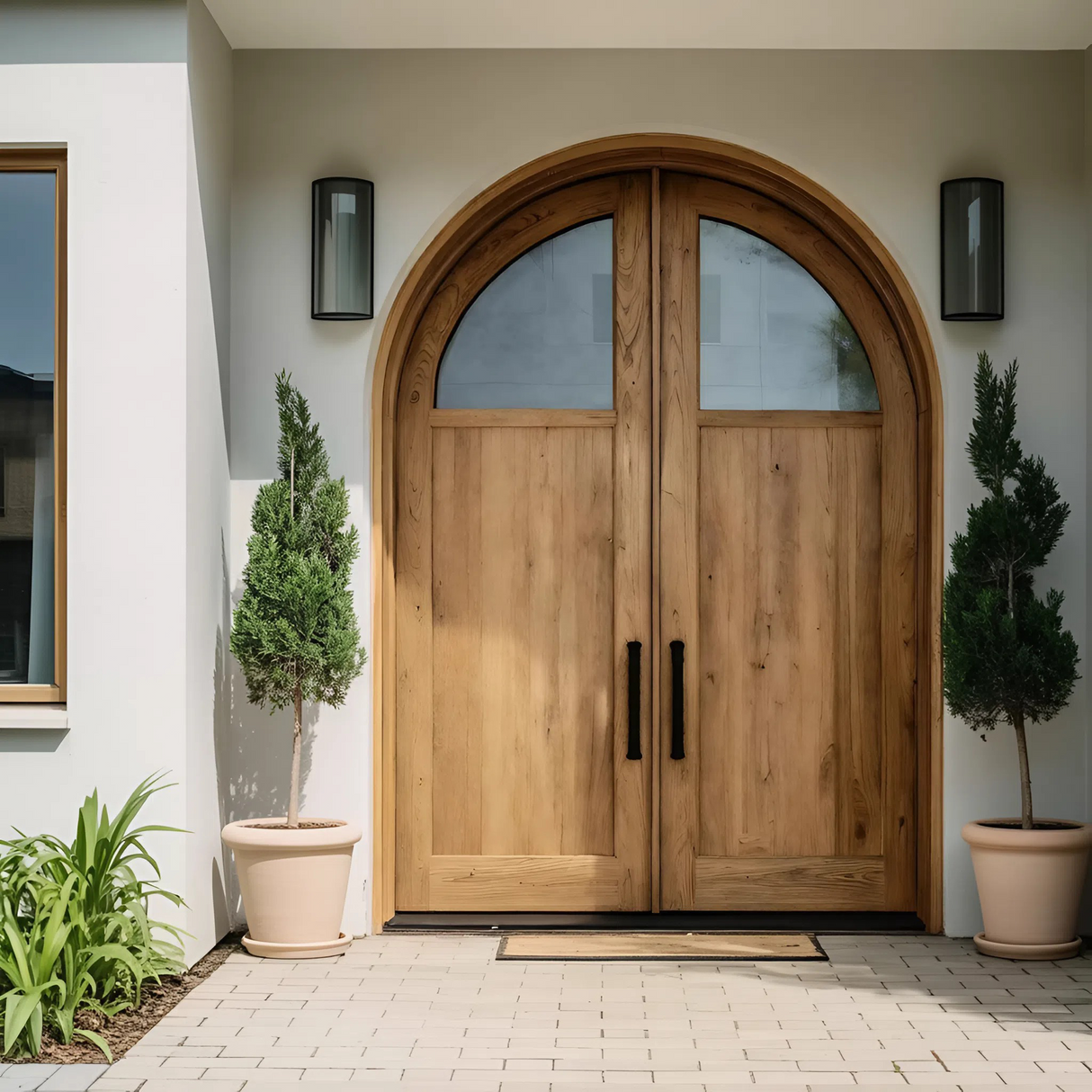 Modern Arched Double Front Door With Glass Panels For Entryway