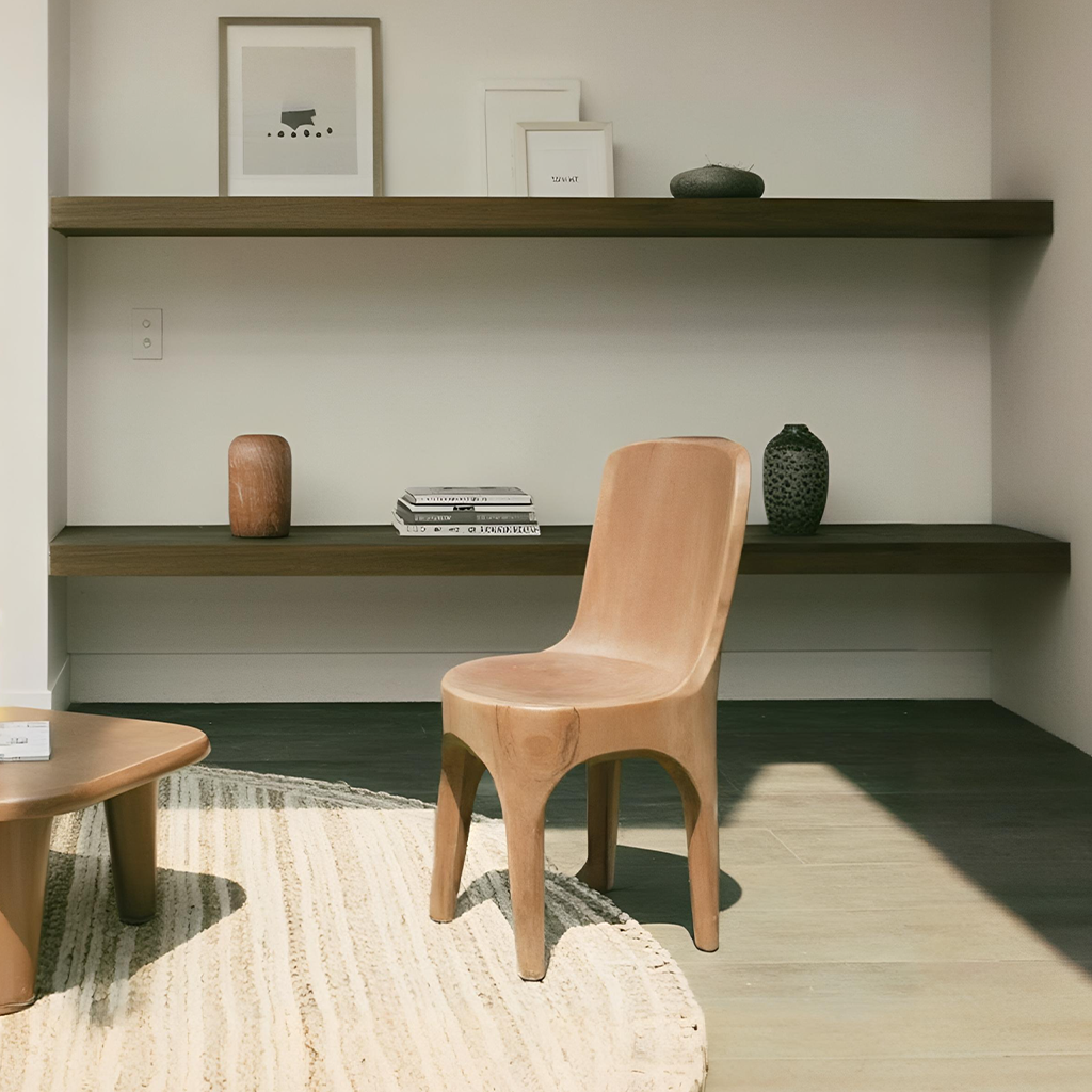 Sculptural Solid Wood Chair With Curved Seat For Garden Or Indoor Decor