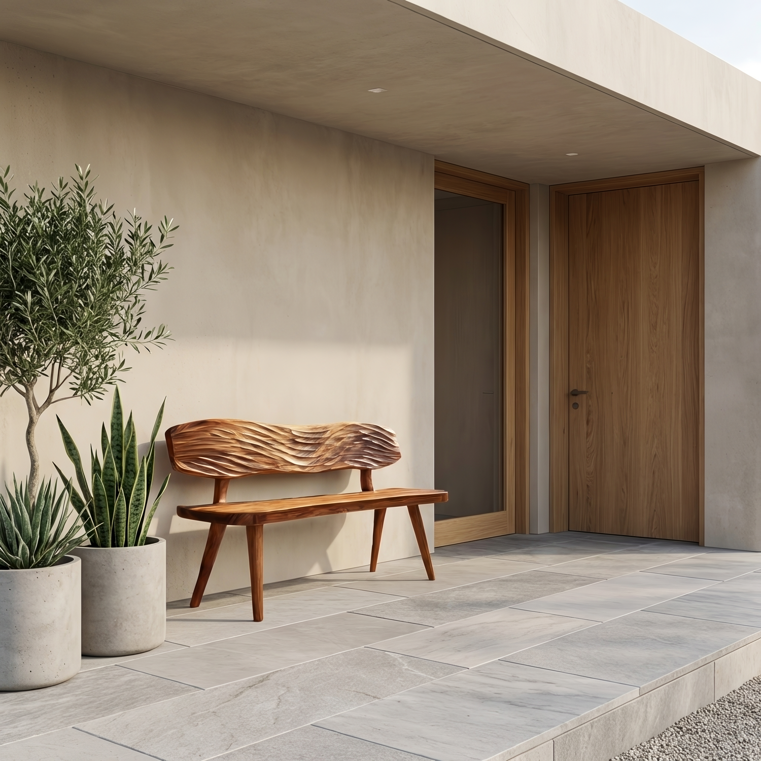 Outdoor Wooden Bench With Wave Carved Backrest For Garden