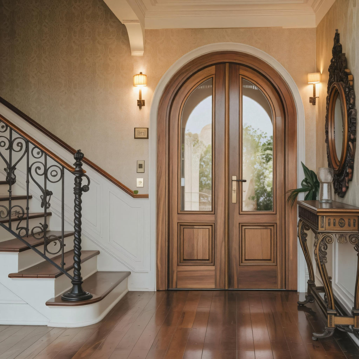 Arched Double Entry Door With Glass Panels For Mediterranean And Spanish Homes