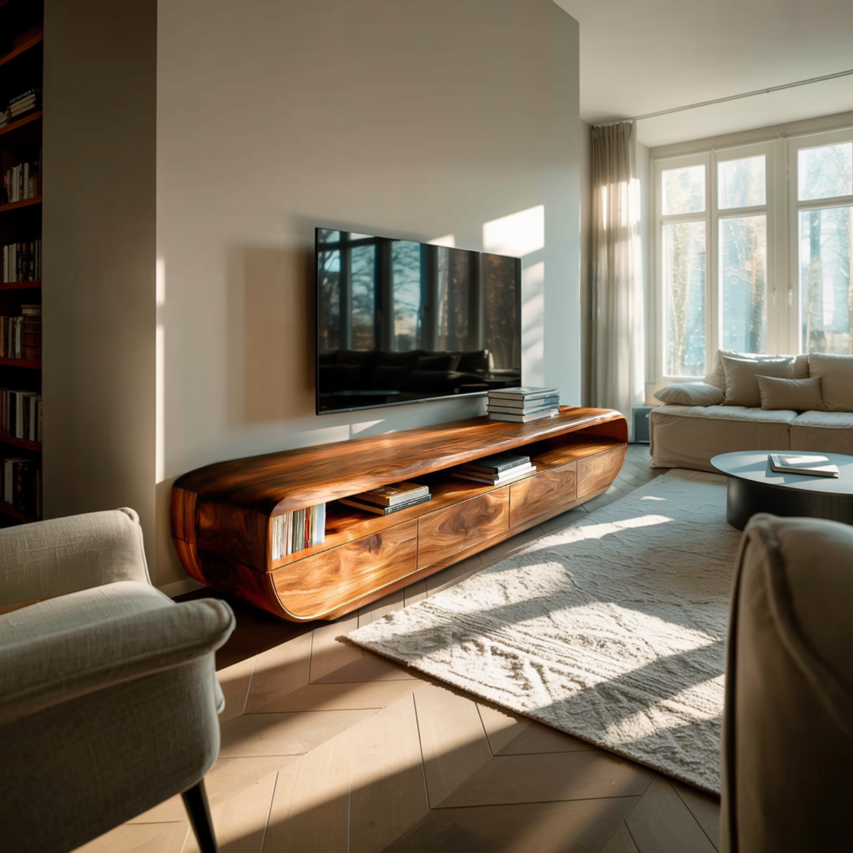 Handcrafted TV Cabinet Design Spacious Drawers For Living