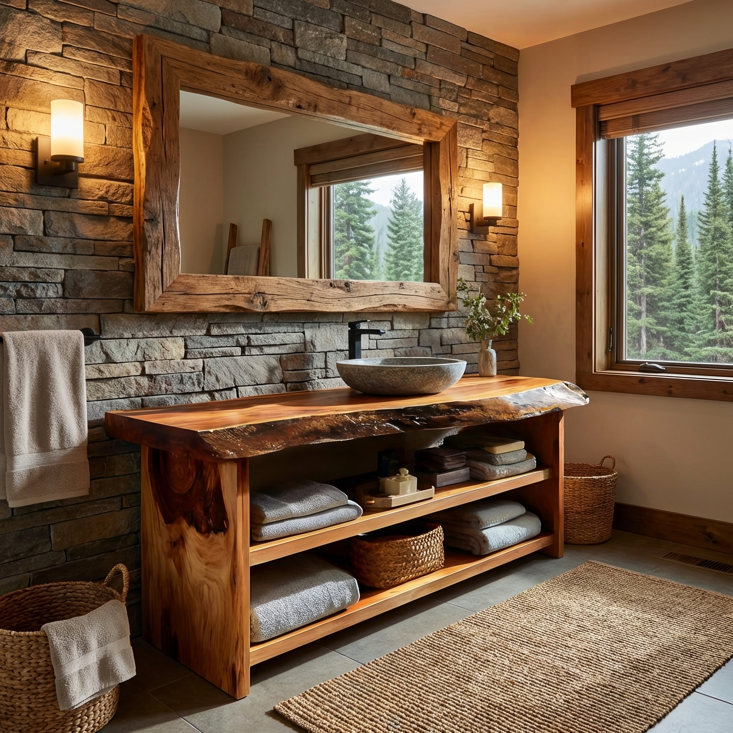 Rustic Bathroom Vanity With Open Shelf For Bathroom