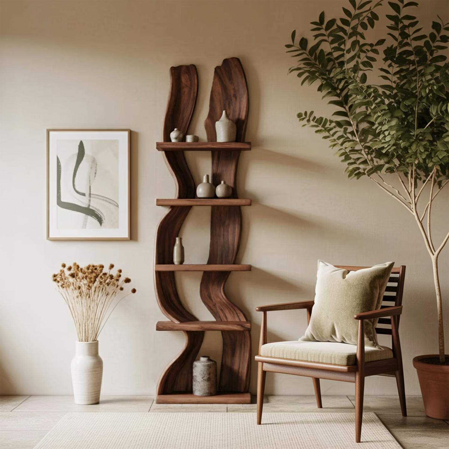 Modern Rustic Standing Shelf With Curved Silhouette For Living Room