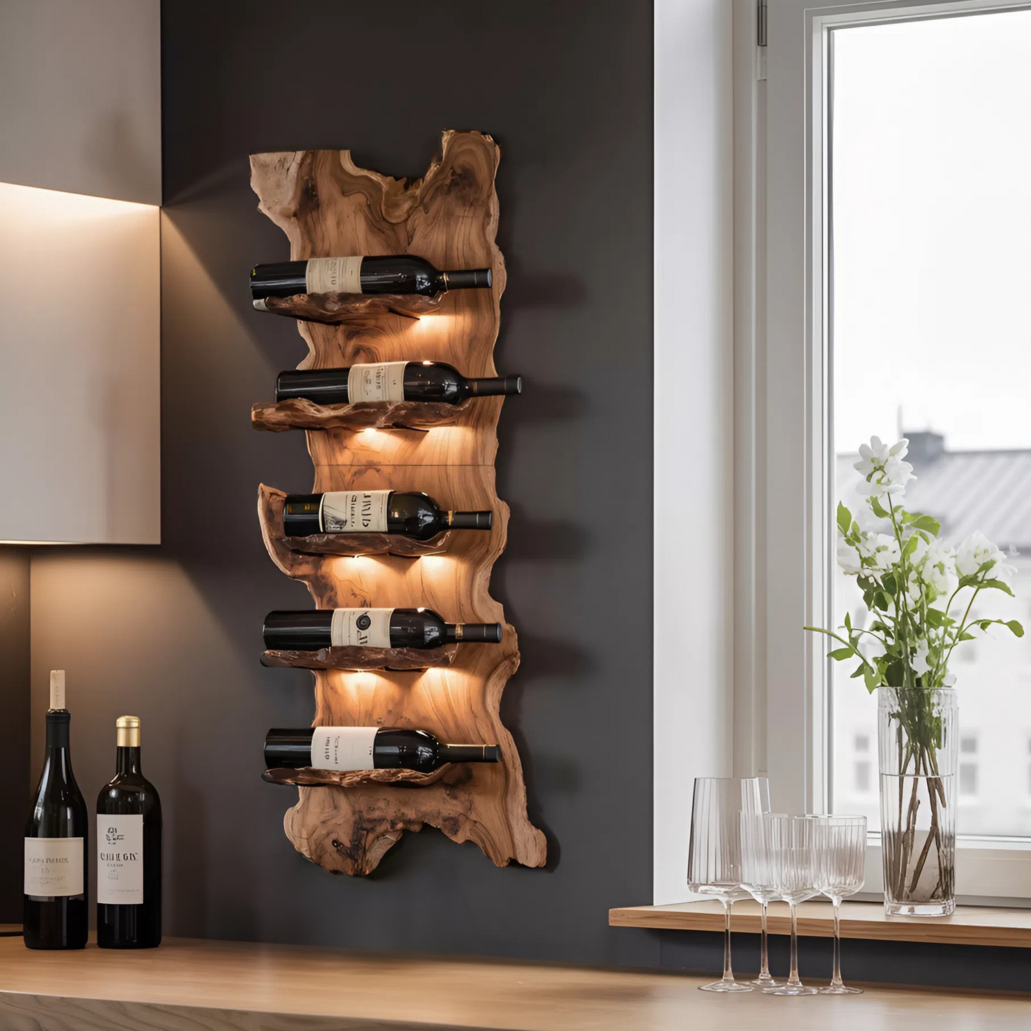 Modern Wooden Live Edge Wine Holder For Entryway Furniture