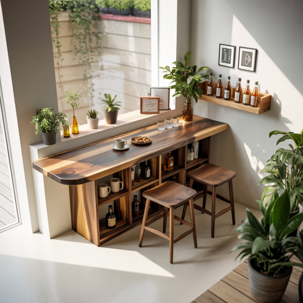 Curved Wood Bar Table With Storage For Kitchen Or Dining Area